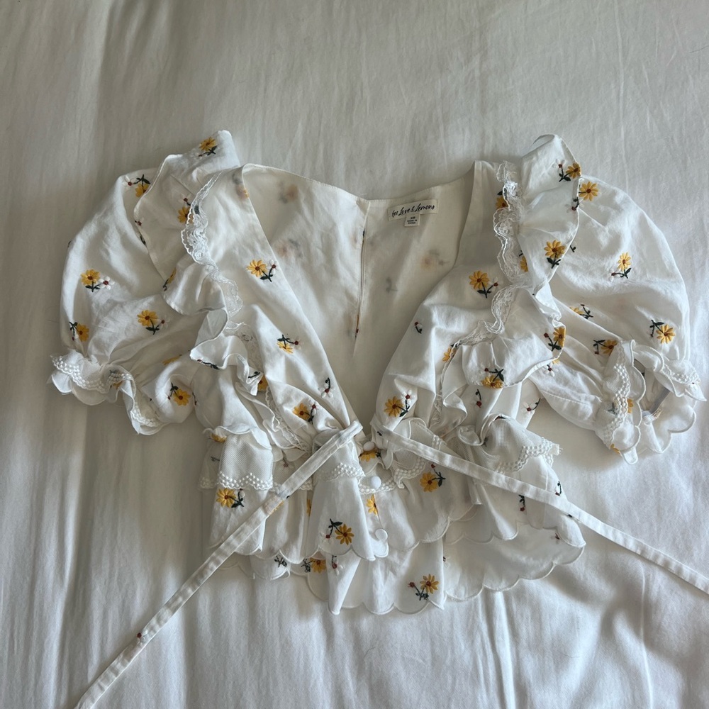 For Love And Lemons White Floral Ruffle Blouse
